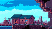 Pixel art scene of a wooden cabin by a lake with characters around it.