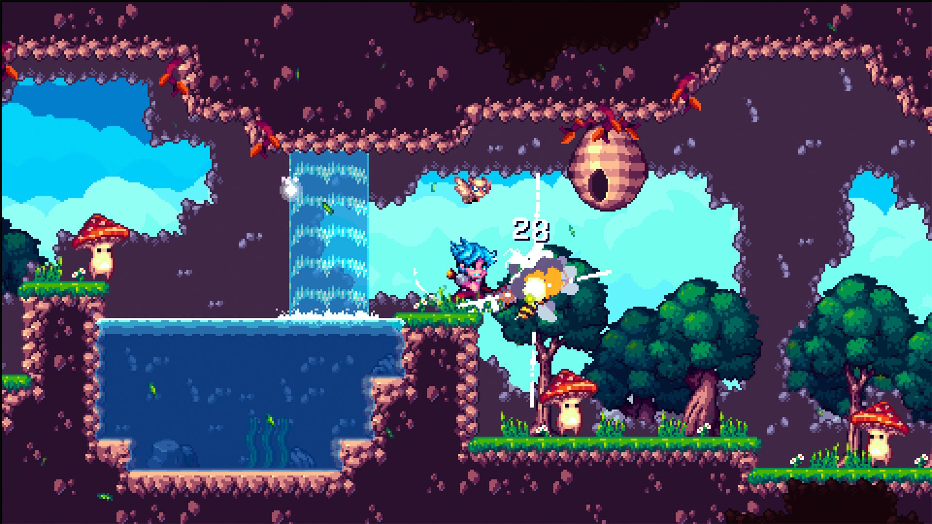 Pixel art platformer scene with characters and platforms