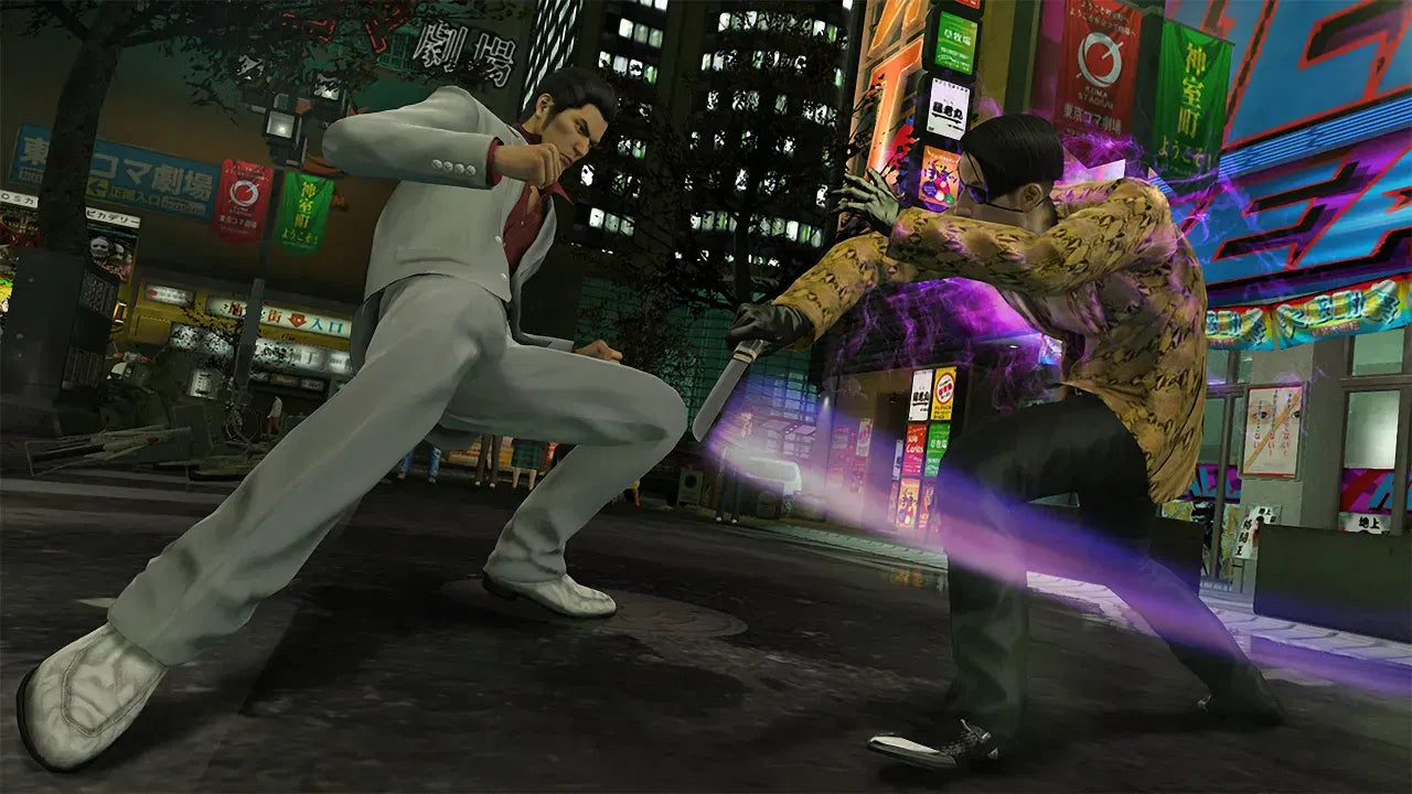Two characters in a street fight with neon lights and signs in the background