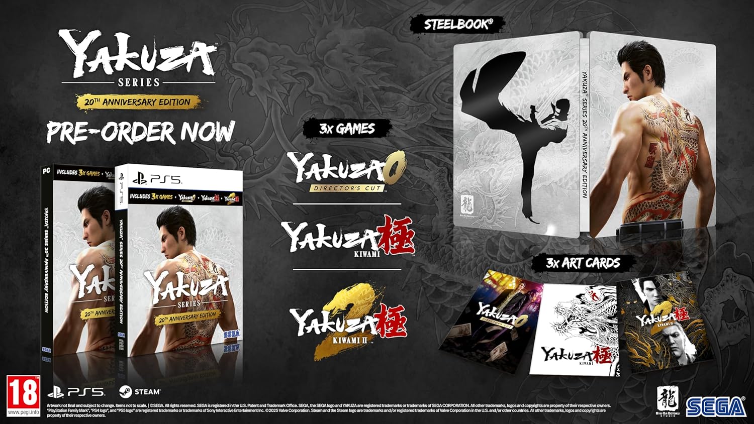 Yakuza series SteelBook with packaging and promotional text on a dark background