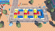 Top-down view of a parking lot game scene with multiple colorful cars arranged in rows on a gray road, surrounded by a tan tiled city street with buildings, trees, and streetlights.