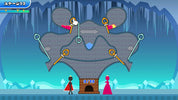 A stylized icy castle scene with a large gray castle silhouette, blue icy background, small character figures at the bottom, and Japanese text in the top-left corner.