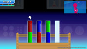 Game interface with colorful vertical bars and a character on a screen