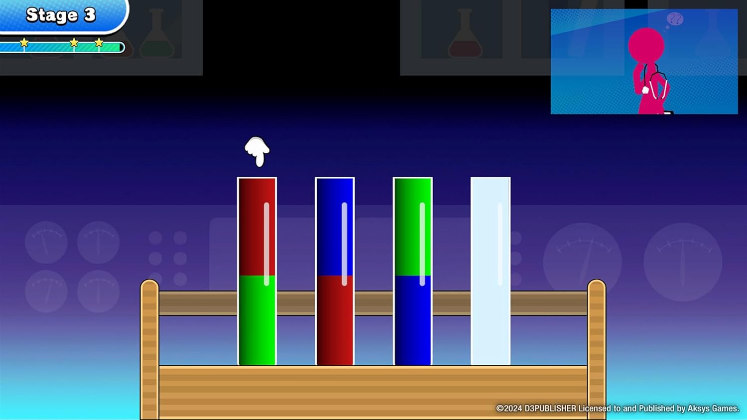 Game interface with colorful vertical bars and a character on a screen