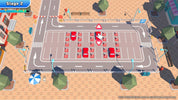 Game-like parking lot with red cars and traffic signs on a tiled road.