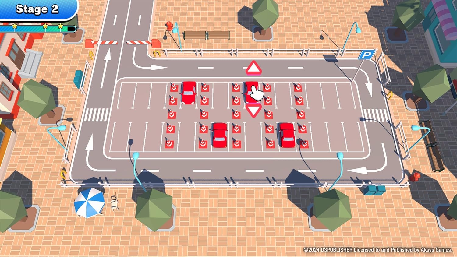 Game-like parking lot with red cars and traffic signs on a tiled road.