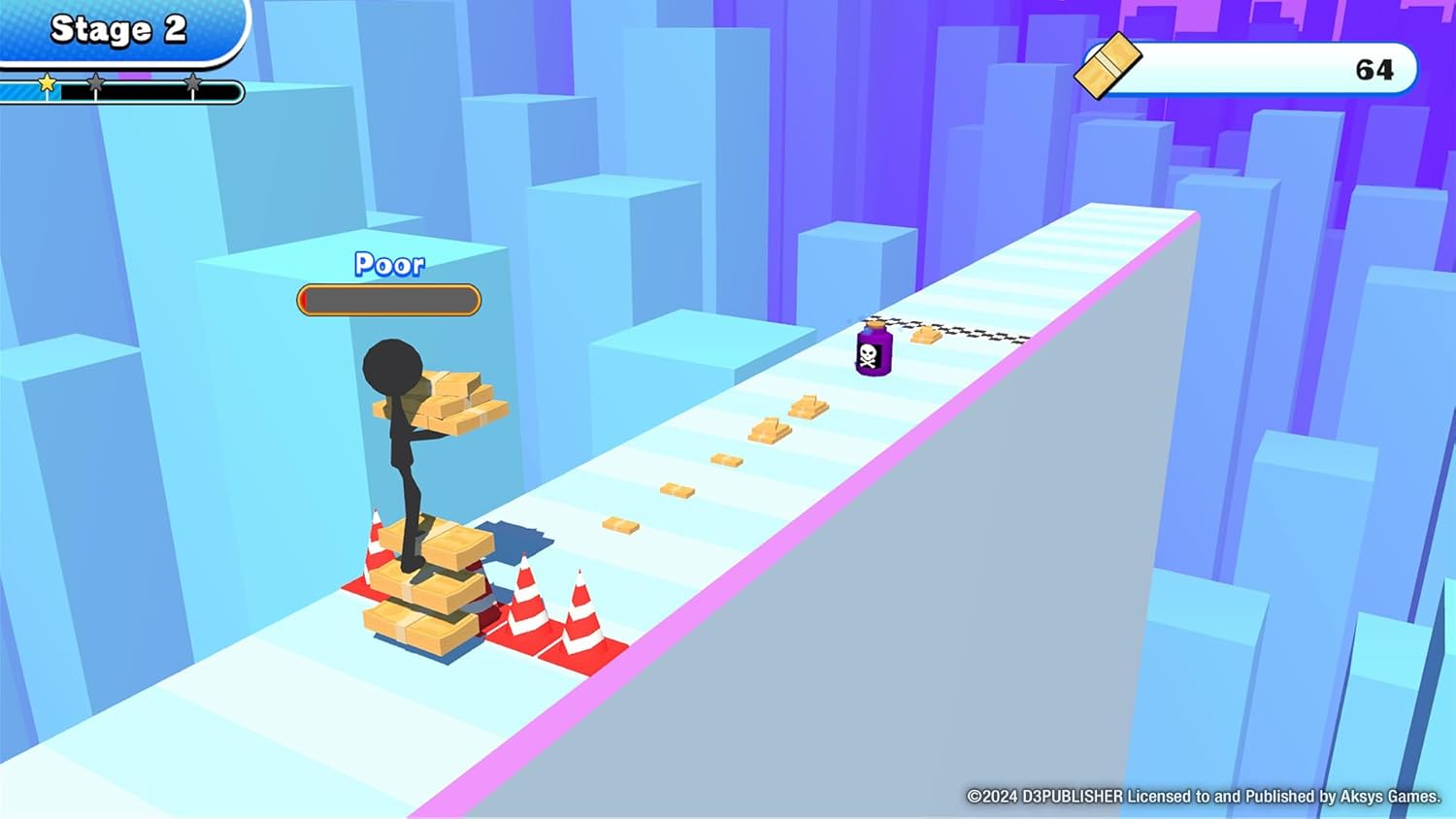 Game level with character and obstacles in a colorful 3D environment