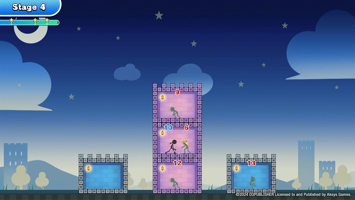 Game level design with platforms and obstacles against a night sky background