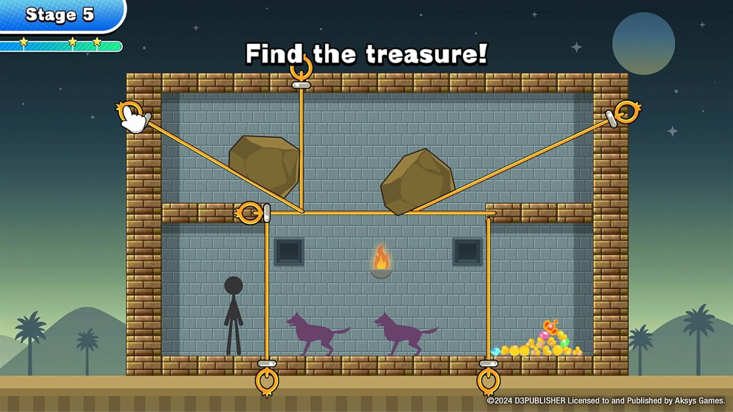 Game level design with treasure hunt elements and text 'Find the treasure!' on a wooden platform.