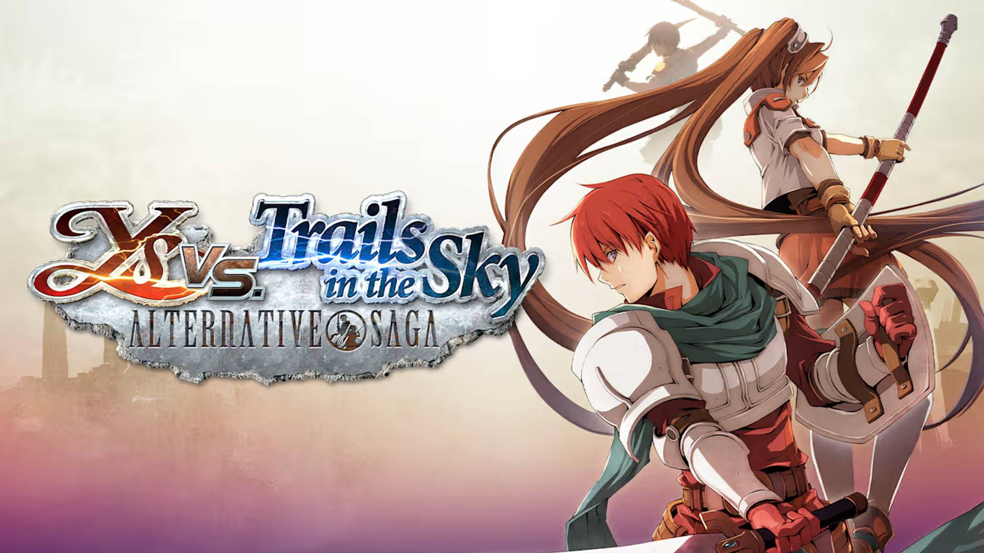 Promotional image for 'Xe vs. Trails in the Sky: Alternative Saga' featuring animated characters with a gradient background.