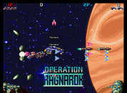 Space shooter game 'Operation Ragnarok' with spacecraft and alien ships on a starry background.