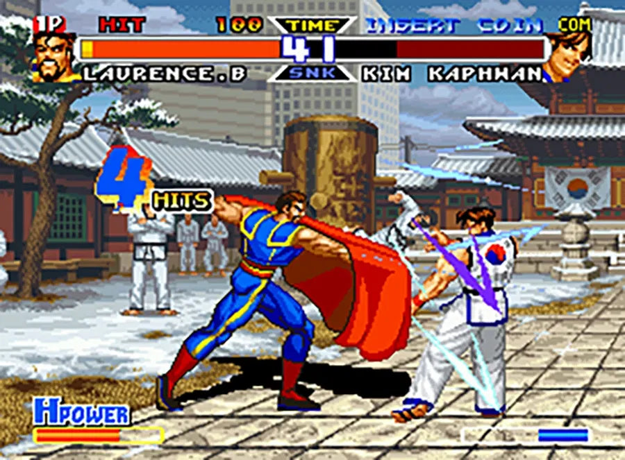 Vintage-style fighting game with characters in a snowy village setting