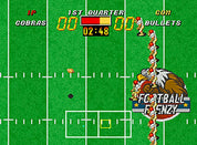Screenshot of a vintage video game with a football field layout and character graphics.