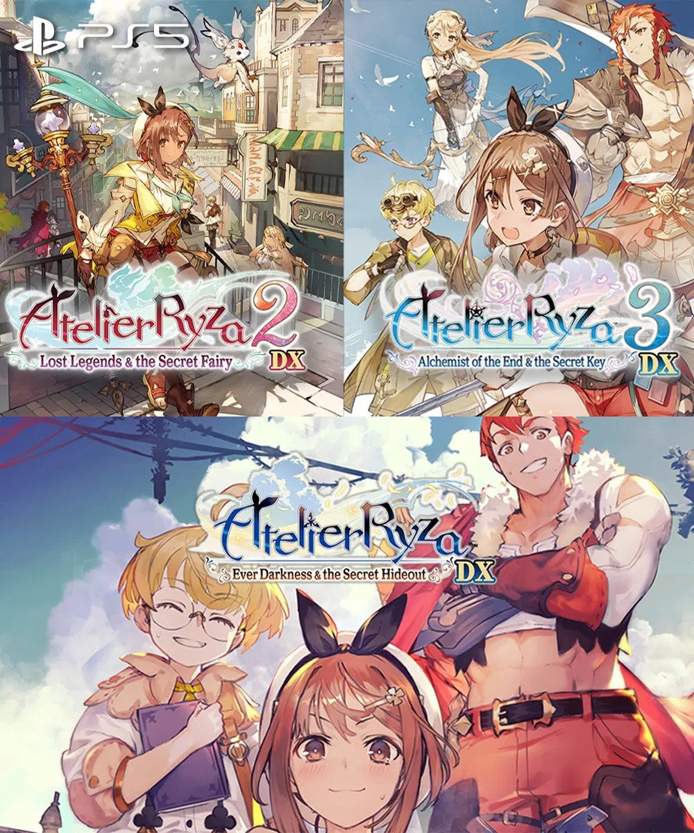 Collage of 'Atelier Ryza' game covers for PlayStation 5 with characters and settings.