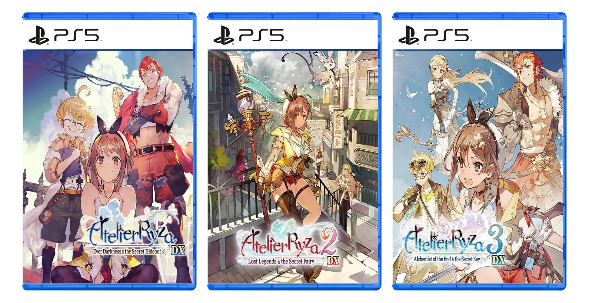 Three game cases for 'Atelier Ryza' series on a blue background