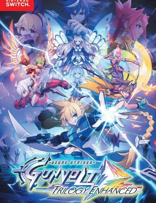 Cover of 'Gunvolt Trilogy Enhanced' for Nintendo Switch with animated characters and game title.