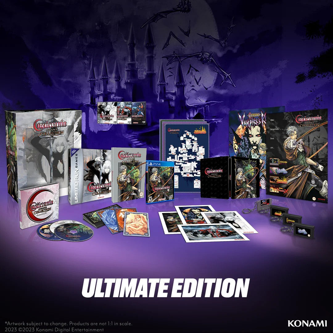 Collection of gaming products including boxes and artwork on a purple background with 'Ultimate Edition' text and Konami logo.
