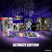 Collection of gaming merchandise with 'Ultimate Edition' text and Konami logo on a purple background