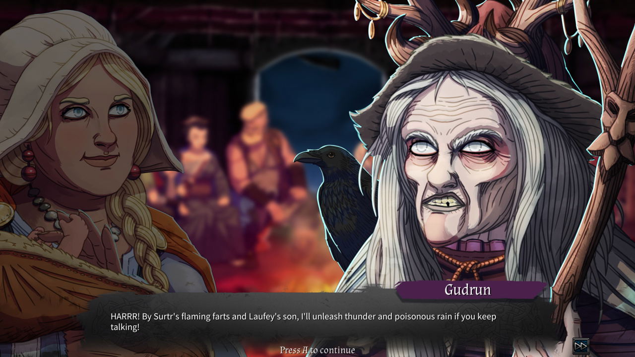 Character interaction scene with a witch-like figure and another character in a fantasy setting.