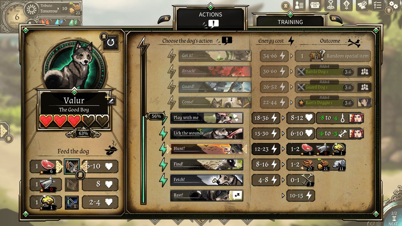 Game interface with character management screen featuring a wolf-like creature named 'Valor'.