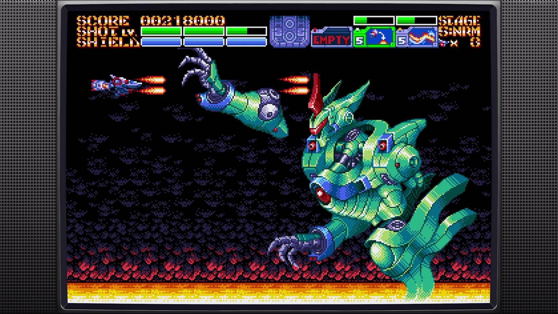 Vintage video game screen with a green alien enemy and score display.