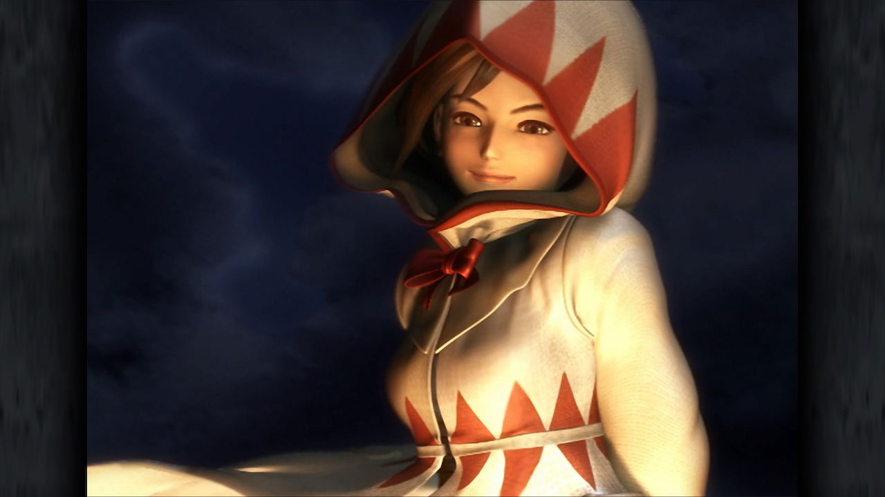 Character in a hooded outfit with red and white patterns against a dark background