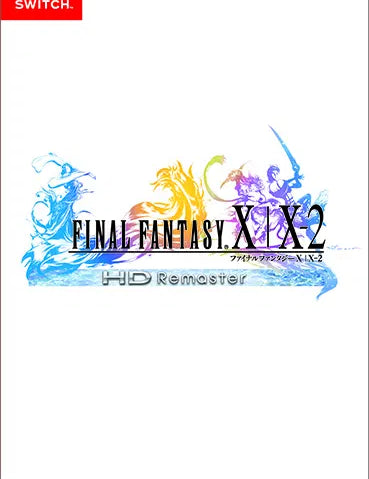 Cover of 'Final Fantasy X & X-2 HD Remaster' for Nintendo Switch with colorful characters and Square Enix logo.