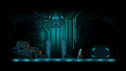 Video game scene with a character standing in a futuristic, darkly lit room with glowing blue elements.
