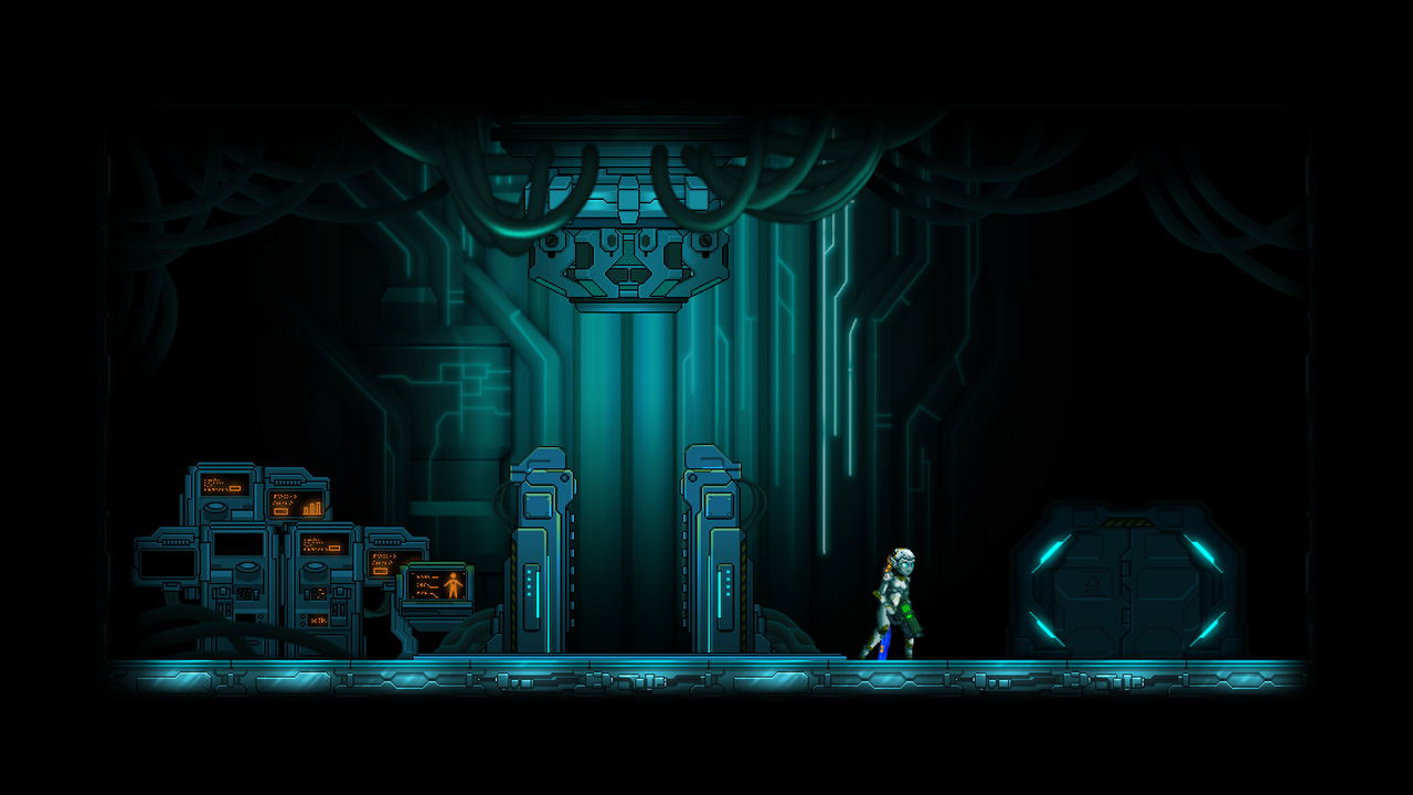 Video game scene with a character standing in a futuristic, darkly lit room with glowing blue elements.
