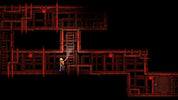 Pixel art game scene with a character climbing a ladder in a dark, red-lit tunnel.