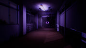 A dark, atmospheric hallway scene illuminated by purple and blue lighting, with a glowing purple eye-like shape hanging in the distance.