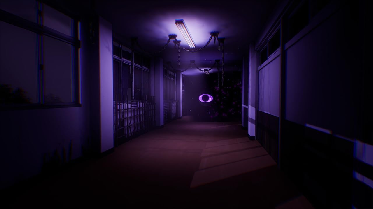 A dark, atmospheric hallway scene illuminated by purple and blue lighting, with a glowing purple eye-like shape hanging in the distance.