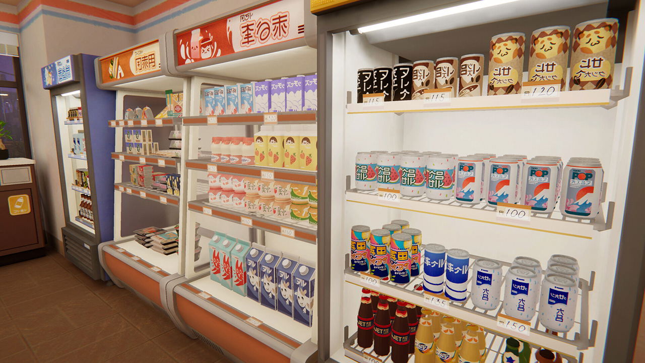 Automated vending machine with various products including drinks and snacks.