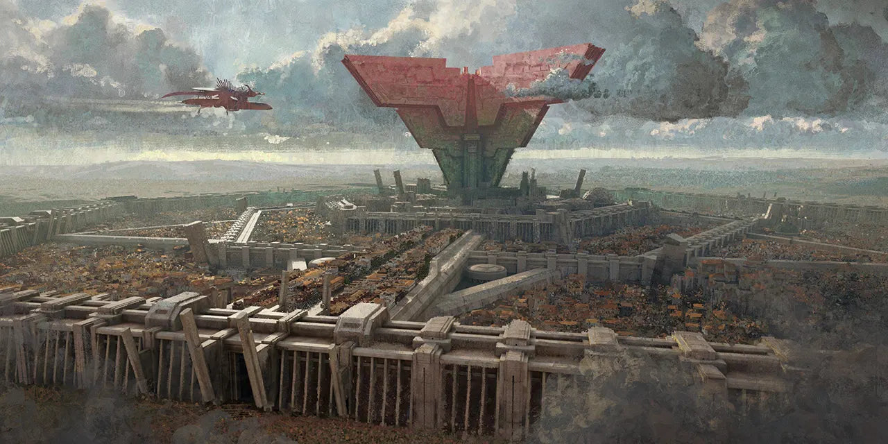 Dystopian landscape with a large red building and flying vehicle.