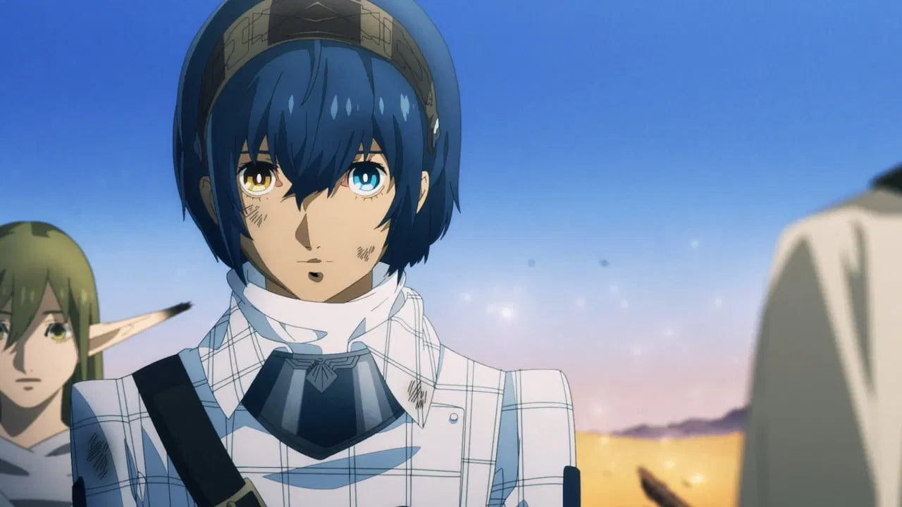 Anime character with blue hair and plaid outfit against a blue sky