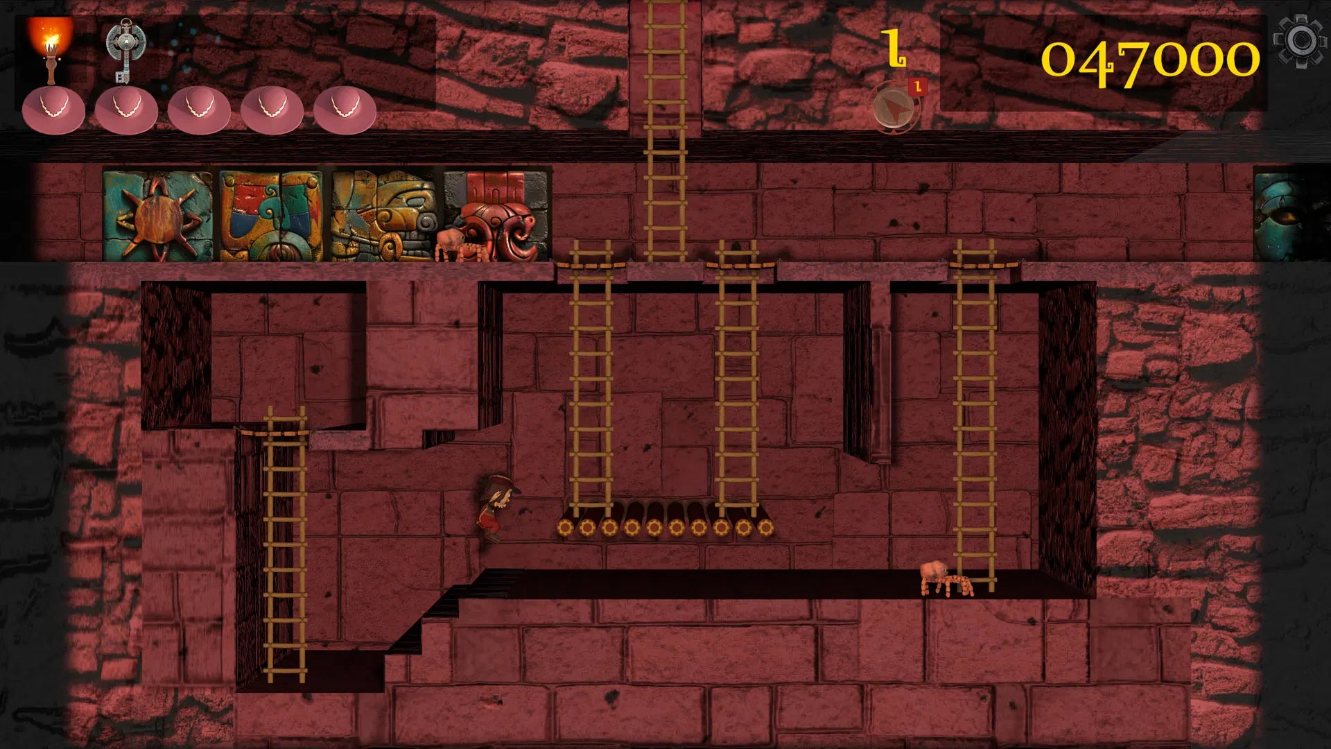 Game screen showing a dungeon level with platforms and a score counter.