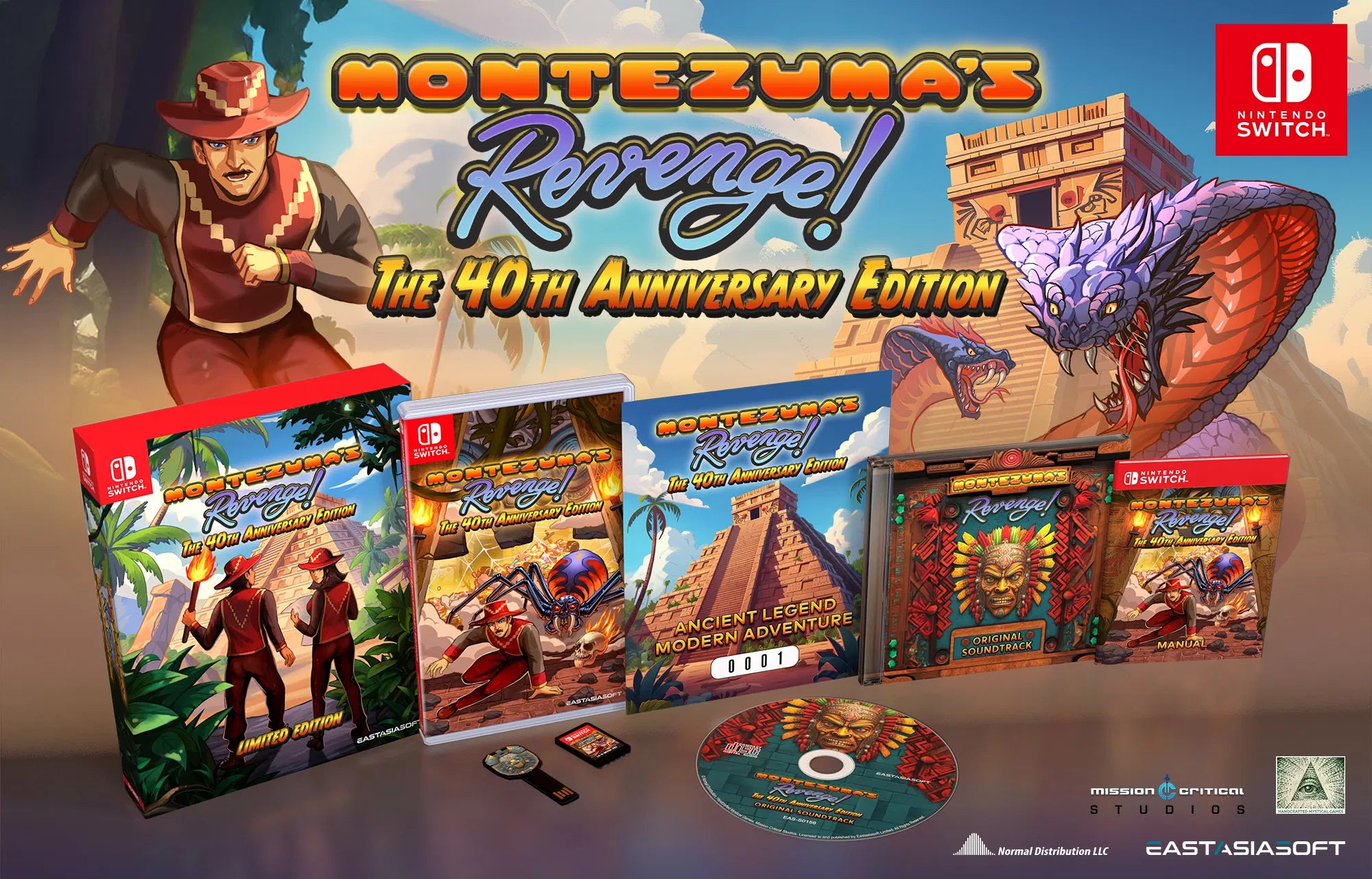 Montezuma's Revenge 40th Anniversary Edition packaging for Nintendo Switch with game cases and disc.