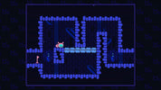 Pixel art scene showing a small pink character with a blue head standing on a platform inside a large blue pixelated structure on a dark patterned background.