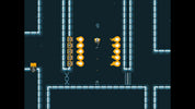 A retro 8-bit video game scene showing a small player character in a dark corridor with glowing blue pipes and several floating yellow coin-like shapes.