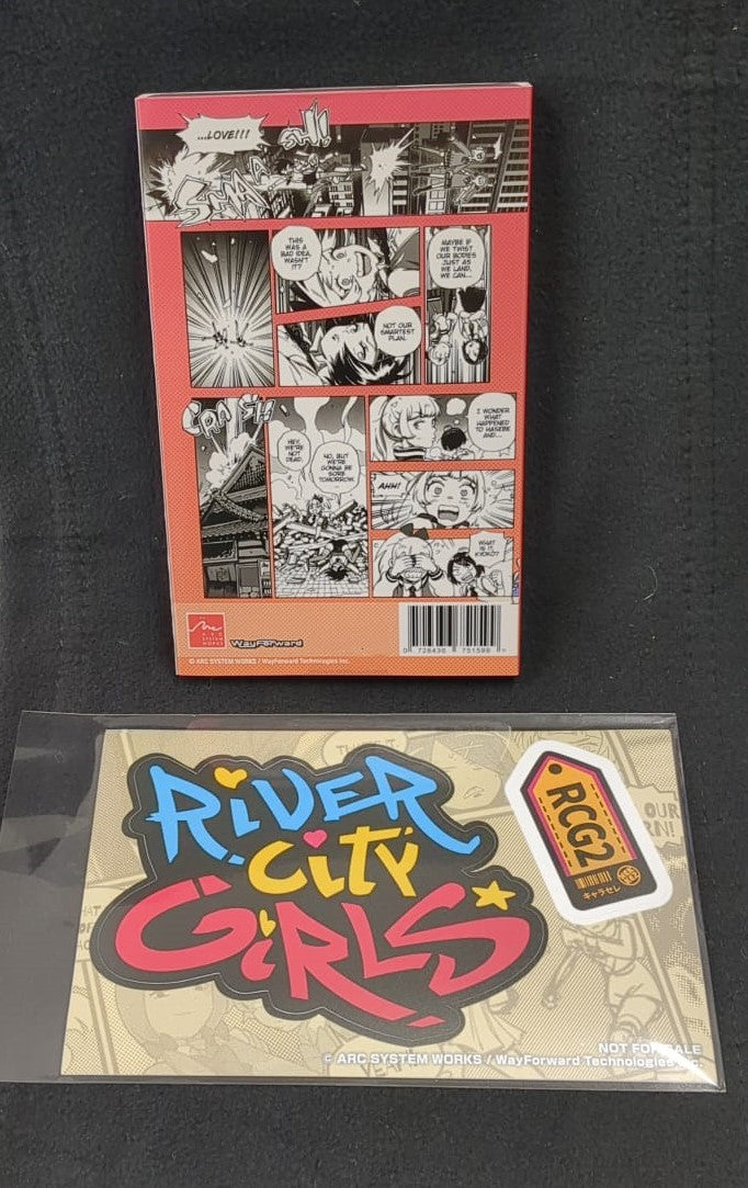 Comic book-style packaging with 'River City Girls' logo on a black background