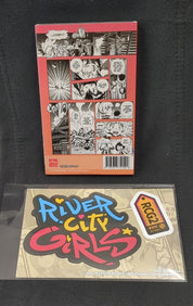 Comic book-style packaging with 'River City Girls' logo on a black background