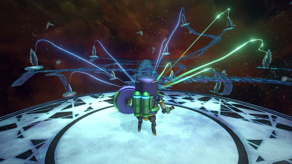 Character in a futuristic outfit with glowing elements in a space-themed environment