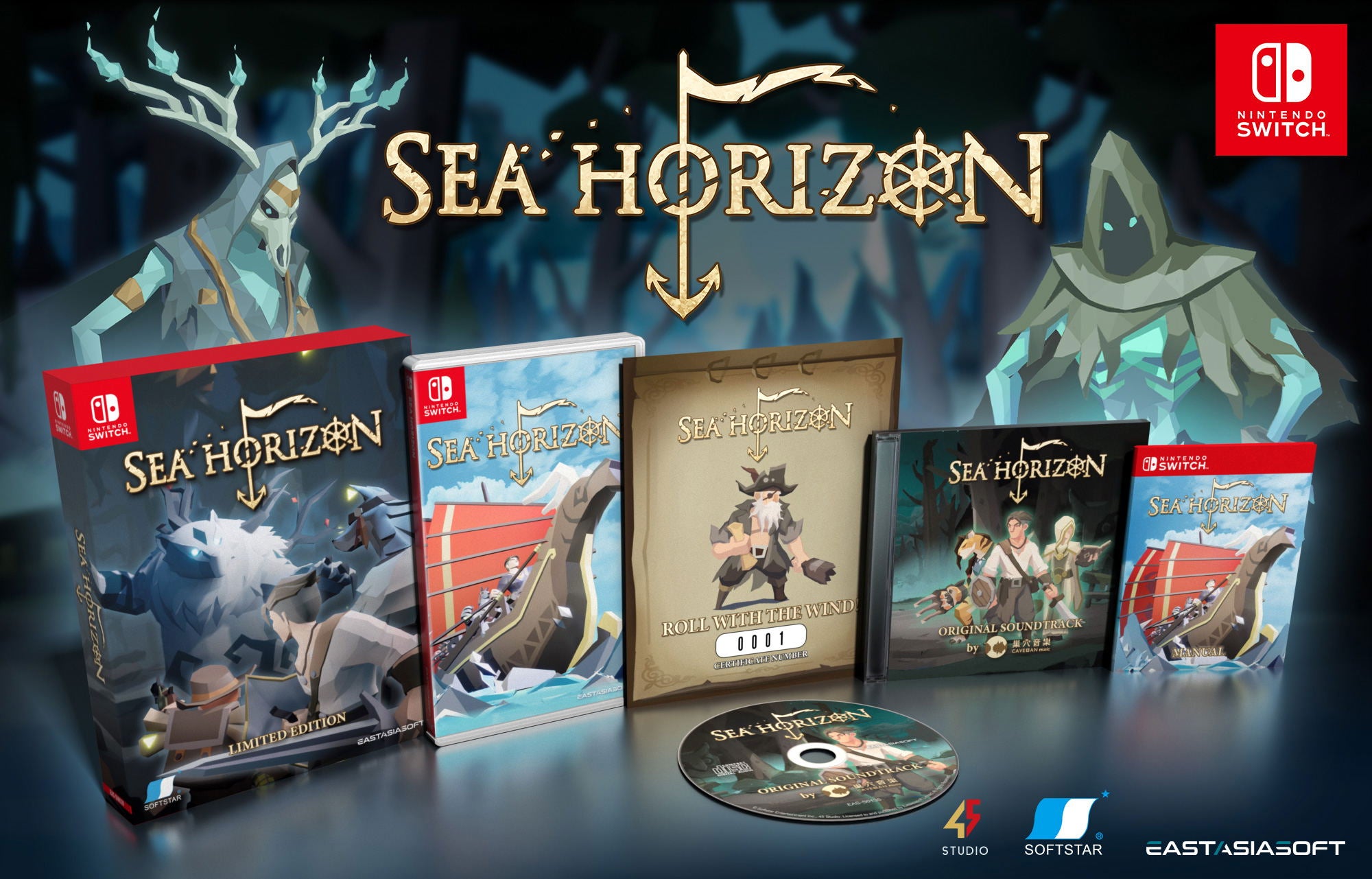 Sea Horizon game packaging for Nintendo Switch with game cases and disc on a dark background