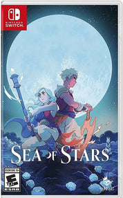 Game box for 'Sea of Stars' on Nintendo Switch with two characters riding a creature against a moonlit sky.