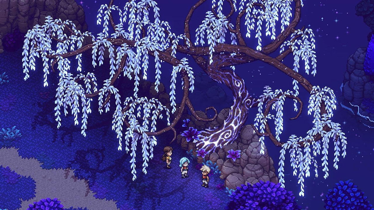 Pixel art scene with characters under a willow tree in a fantasy setting