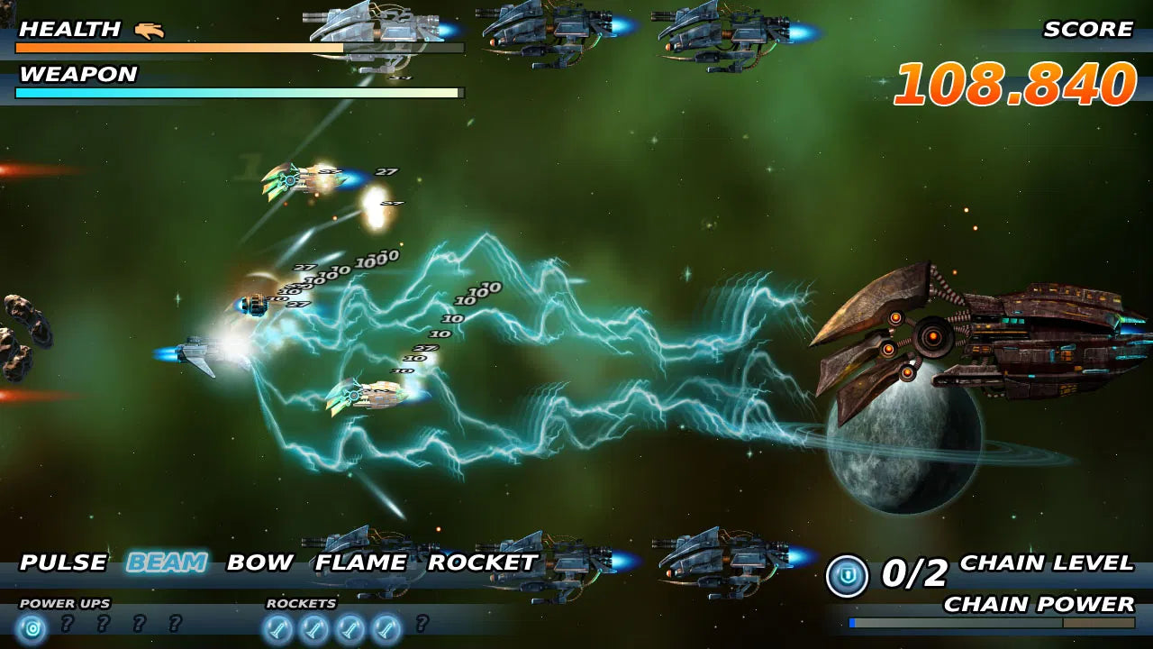 Space battle game with ships and health/weapon status on a green space background