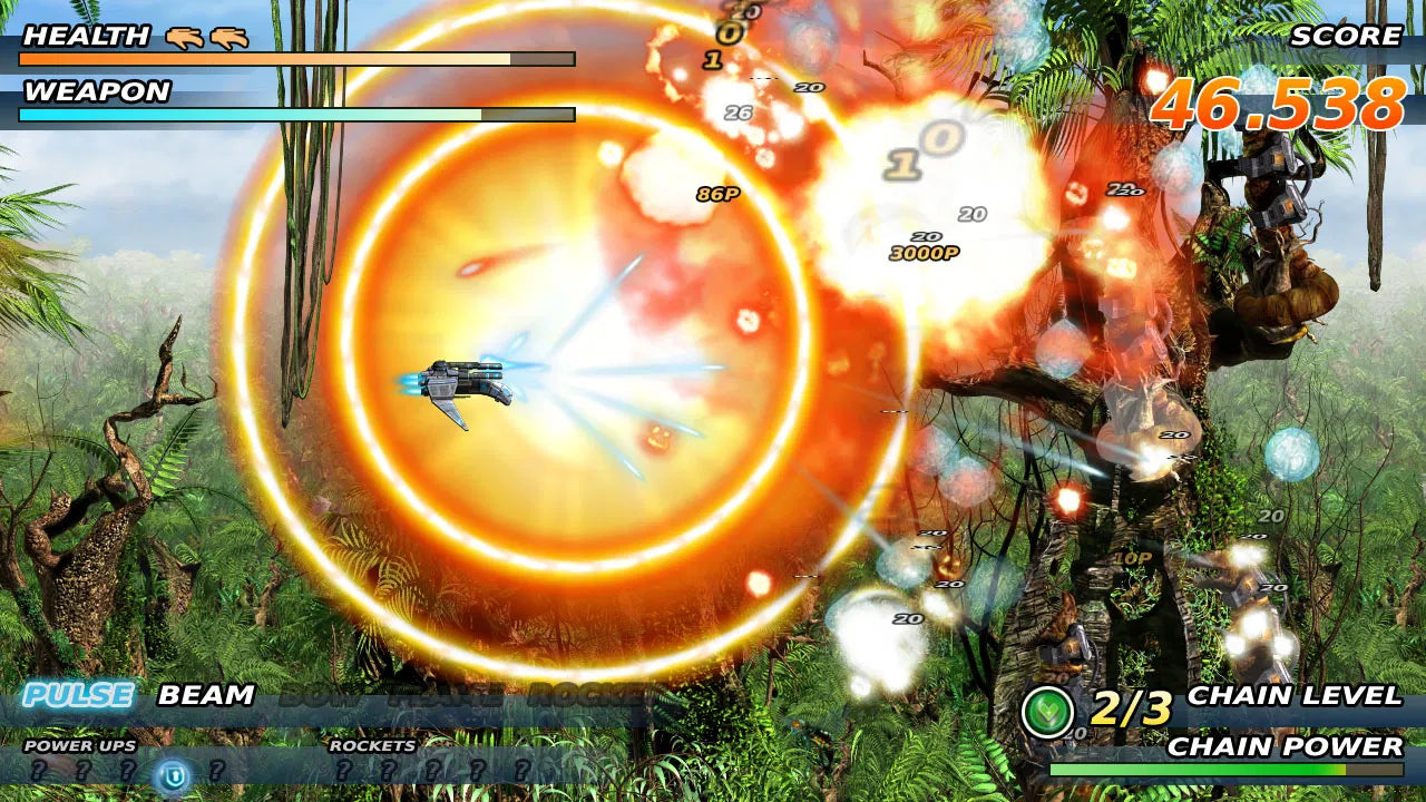 Action-packed video game scene with a character using a pulse beam in a jungle setting.