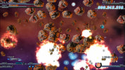 Space battle scene with asteroids and explosions in a video game interface.