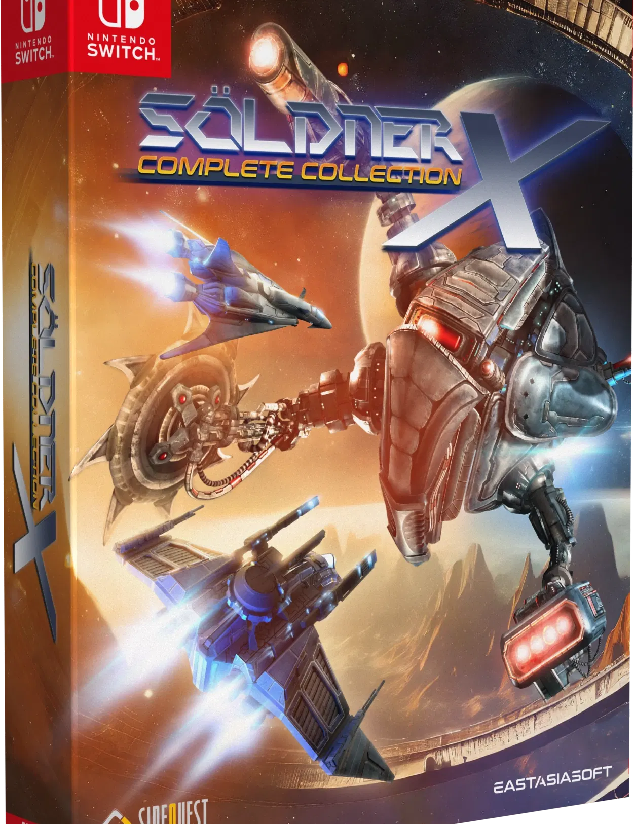 Box for 'Soldner X Complete Collection' on Nintendo Switch with robot and spaceship graphics.