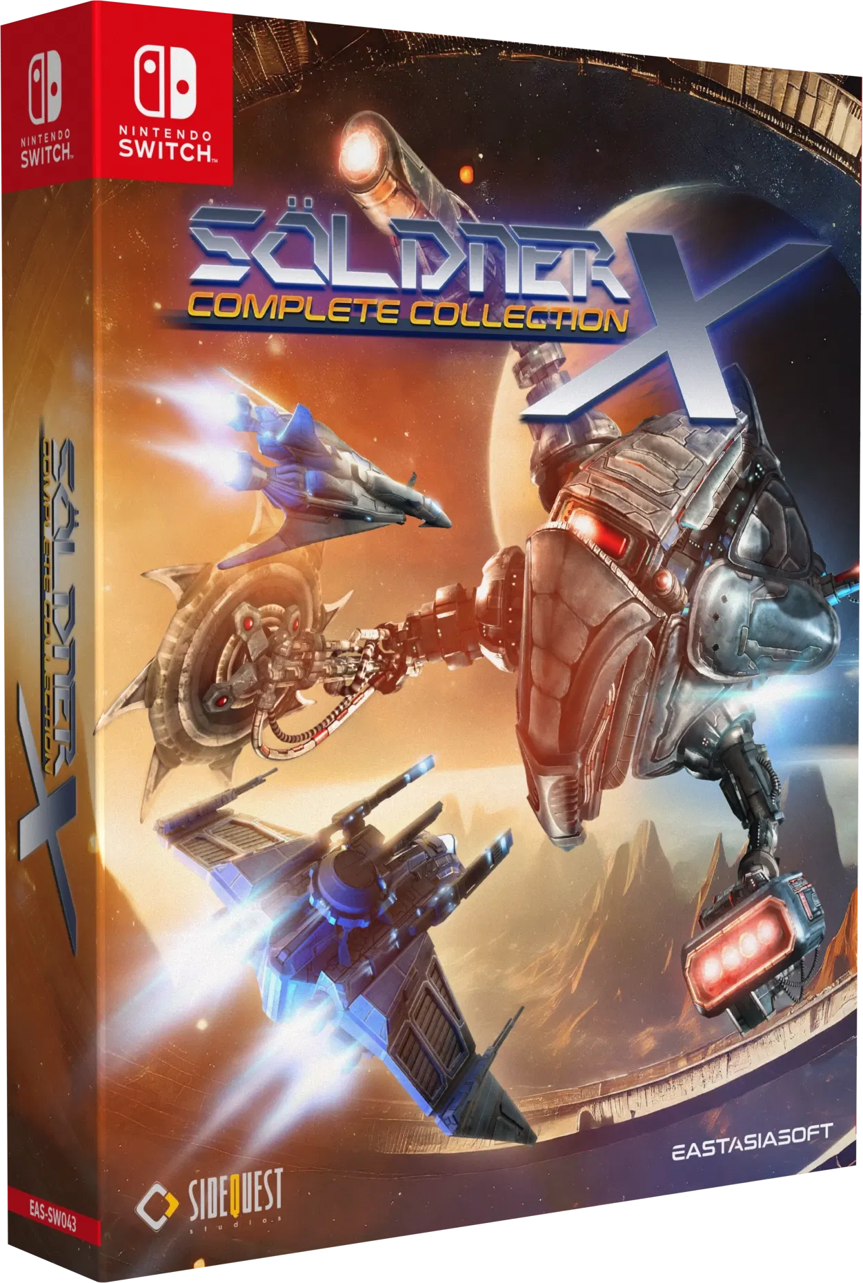 Box for 'Soldner X Complete Collection' on Nintendo Switch with robot and spaceship graphics.